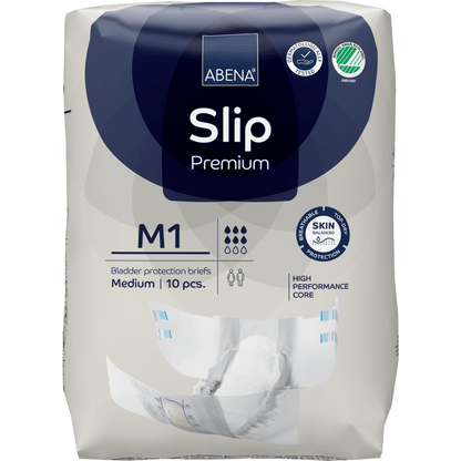 ABENA Slip Premium firmy Abena Re-Seller GmbH, rozmiar średni, opakowanie 10 sztuk. Zaprojektowane dla opieki inkontynencyjnej z wysokowydajnym rdzeniem i zaawansowaną ochroną skóry, jak podano na opakowaniu.
