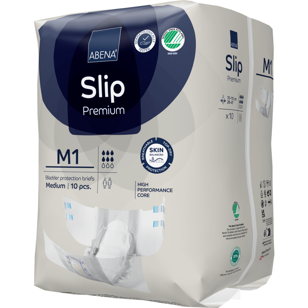 Opakowanie ABENA Slip Premium firmy Abena Re-Seller GmbH, rozmiar M1 (medium), zawiera 10 sztuk i charakteryzuje się materiałami przyjaznymi dla skóry oraz wydajnym rdzeniem dla skutecznej ochrony inkontynencyjnej.