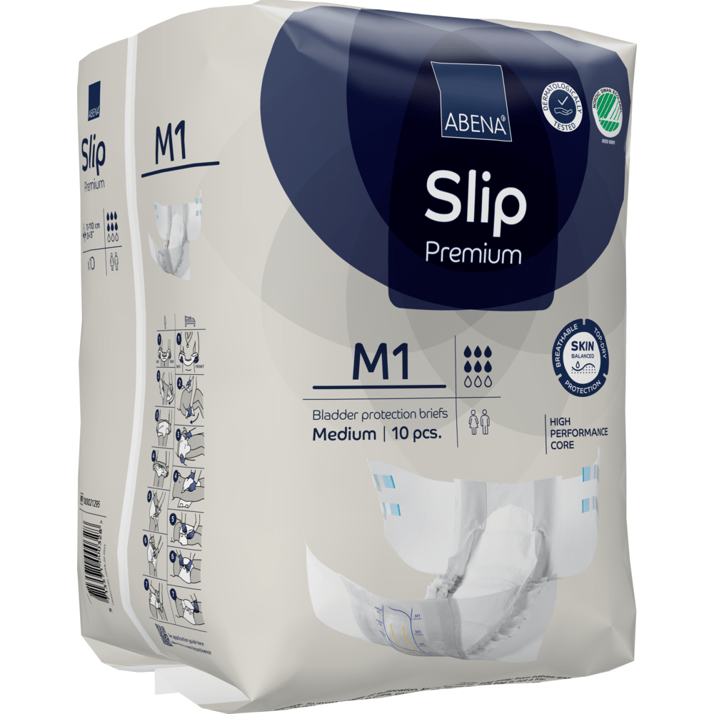 Opakowanie 10 sztuk ABENA Slip Premium firmy Abena Re-Seller GmbH, rozmiar medium, charakteryzuje się materiałem przyjaznym dla skóry, wydajnym rdzeniem i ilustrowaną instrukcją dla optymalnej opieki inkontynencyjnej.