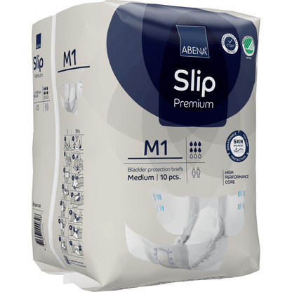 Opakowanie 10 sztuk ABENA Slip Premium firmy Abena Re-Seller GmbH, rozmiar medium, charakteryzuje się materiałem przyjaznym dla skóry, wydajnym rdzeniem i ilustrowaną instrukcją dla optymalnej opieki inkontynencyjnej.
