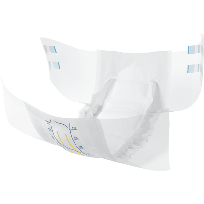ABENA Slip Premium firmy Abena Re-Seller GmbH posiada elastyczne zakończenia nogawek, boczne zapięcia na rzepy oraz niebiesko-żółte linie wskaźnikowe, które są pokazane otwarte i odizolowane na białym tle, aby zapewnić optymalną opiekę inkontynencyjną.