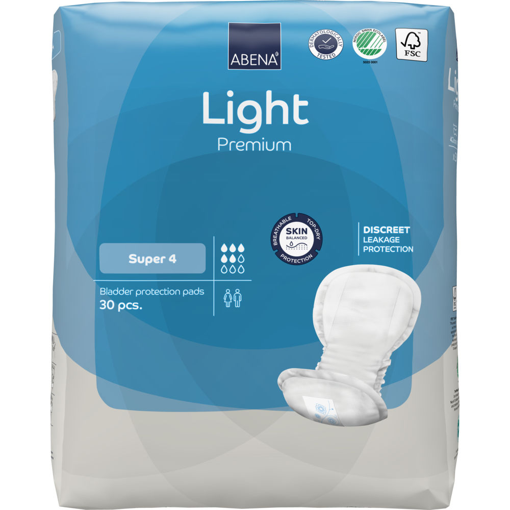 Eine Packung ABENA Light Super 4, Premium der Abena Re-Seller GmbH enthält 30 Paar für den Inkontinenzschutz mit der Saugstärke Super 4 in einer blaugrauen Verpackung mit Produktinfos, Zertifizierungslogos und einem Tamponbild auf der Vorderseite.