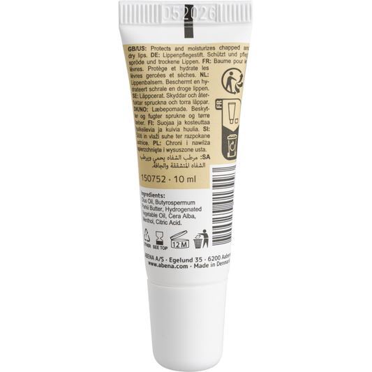 Die weiße 10-ml-Tube der Abena Re-Seller GmbH Lippenpflegesalbe mit beigem Etikett enthält Produktinformationen, Anwendungshinweise in mehreren Sprachen, Inhaltsstoffe, Symbole, eine weiße Kappe und das Verfallsdatum "05 2026" auf der Oberseite; erhältlich in Kartons zu 300 Stück.