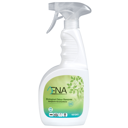 Biała butelka z rozpylaczem z napisem "ENA Biologischer Geruchsentferner" firmy Abena Re-Seller GmbH ma zielono-biały design z grafiką liścia i przezroczystą głowicę rozpylającą z wyzwalaczem.