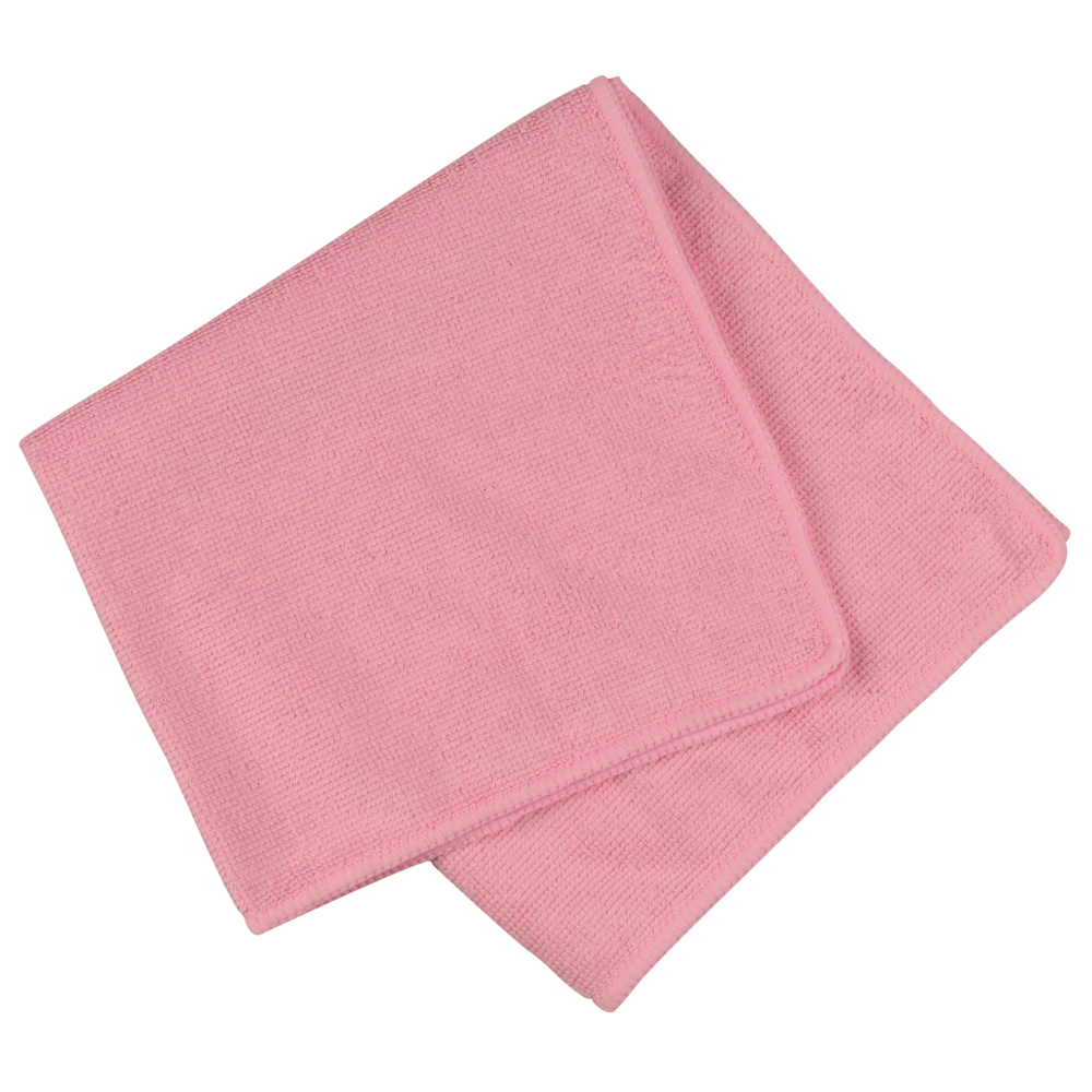 Przedstawiona jest składana jasnoróżowa ściereczka z mikrofibry ENA Standard, 40x40 cm od Abena Re-Seller GmbH, z widocznym szwem na białym tle.