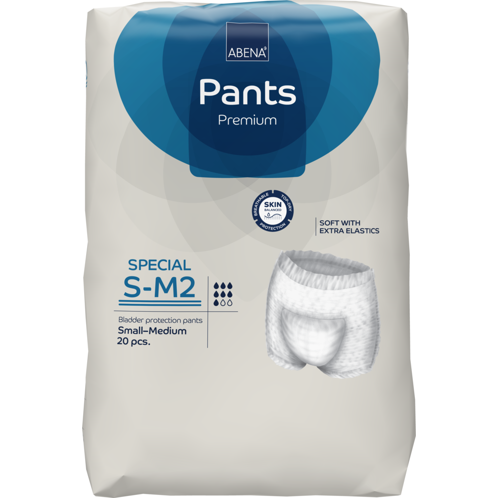 Ein 20er-Pack ABENA Pants Special Premium von Abena Re-Seller GmbH, Größe S-M2, bietet hohen Tragekomfort, Hautfreundlichkeit und extra Gummizüge für einen sicheren Sitz.
