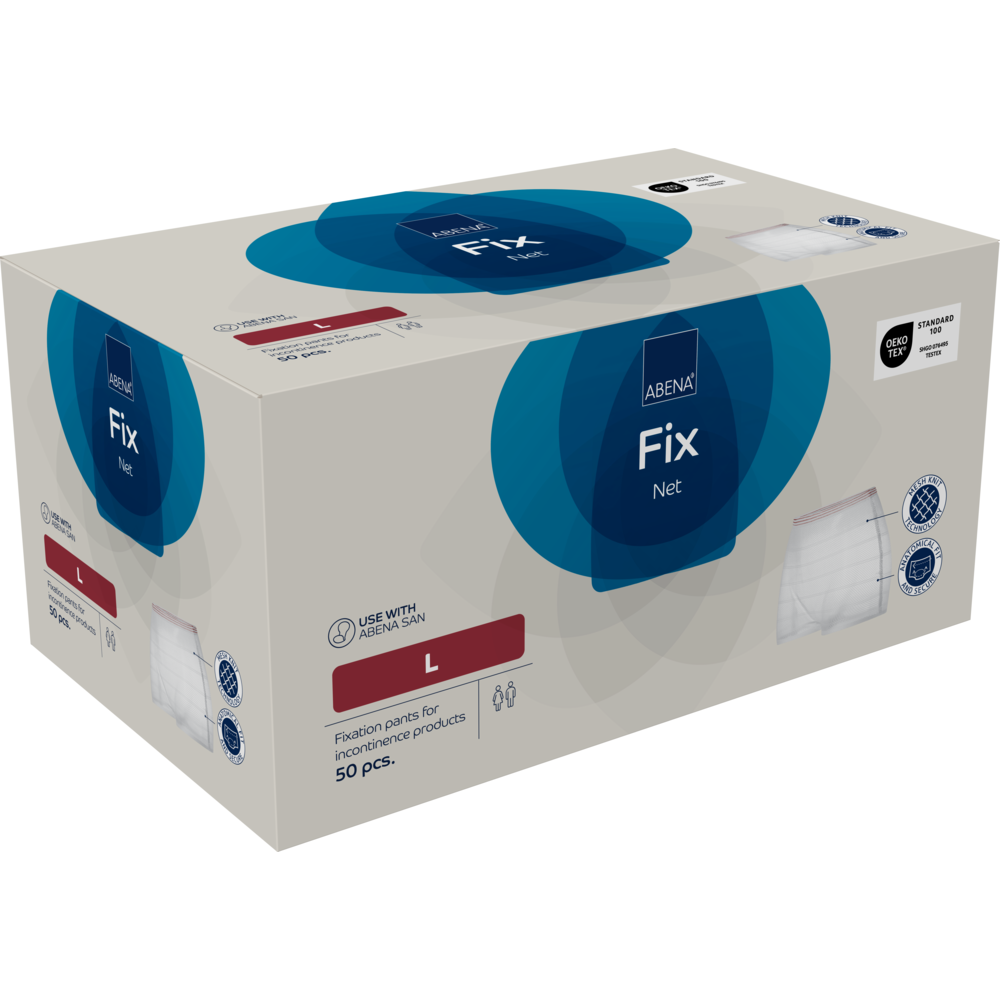 Eine rechteckige beigefarbene Schachtel mit Fixierhosen, ABENA Fix, Net von Abena Re-Seller GmbH, Größe L, enthält 50 Stück zur Verwendung mit Inkontinenzprodukten. Auf der Verpackung sind Produktbilder und Anwendungssymbole abgebildet.