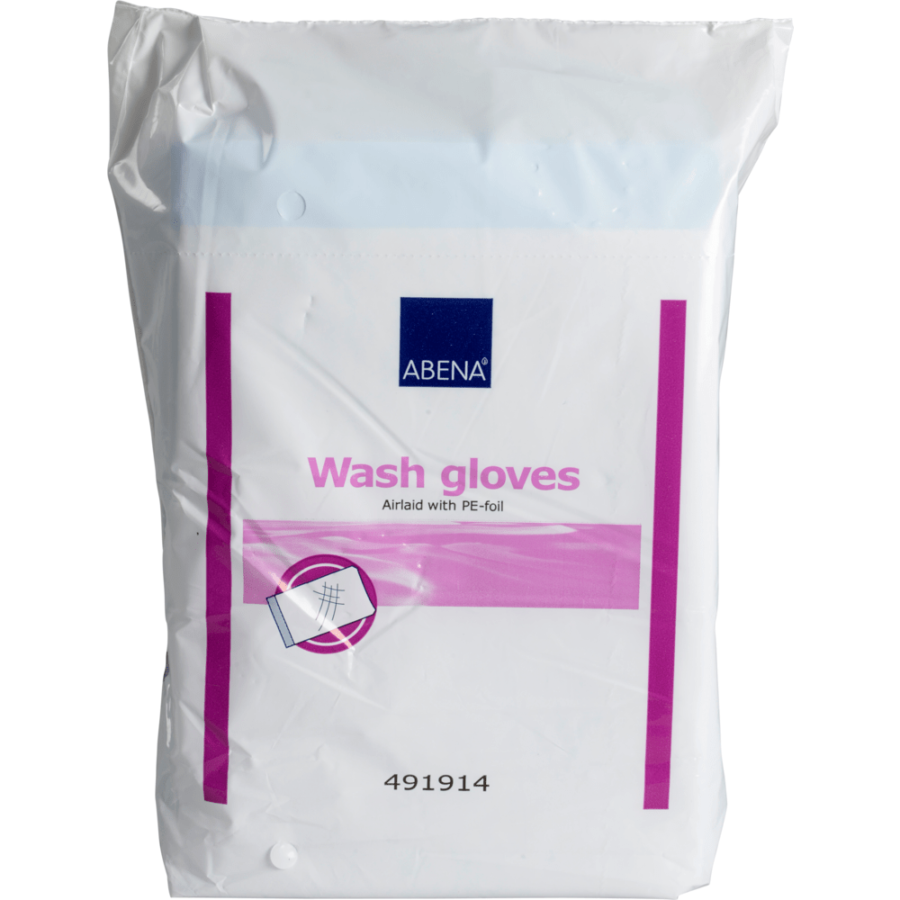 Zapieczętowane plastikowe opakowanie z 50 myjkami Abena Re-Seller GmbH (16x23 cm, Airlaid/PE, biały) ma białe opakowanie z różowymi i niebieskimi akcentami, ilustrację rękawicy i numer produktu 491914 na dolnej krawędzi.