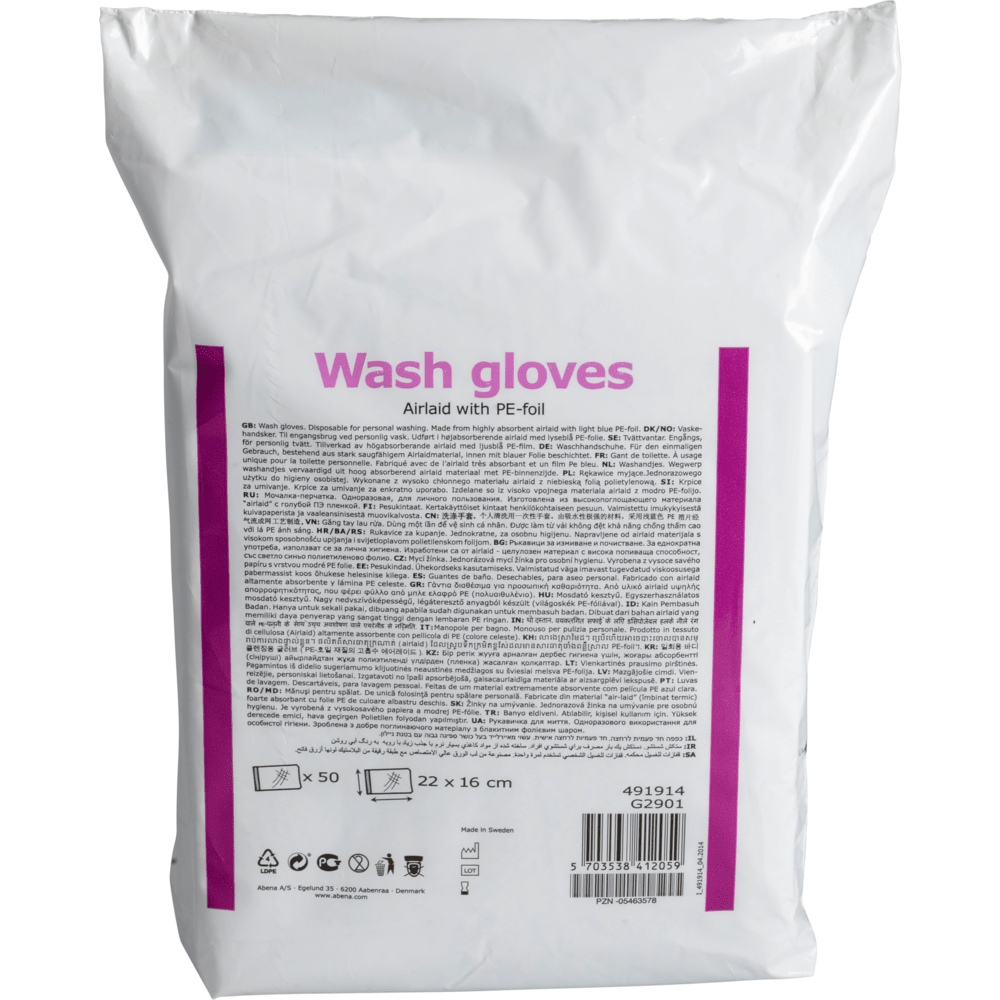 Białe opakowanie z napisem "Waschhandschuhe" fioletowym pismem firmy Abena Re-Seller GmbH zawiera 50 jednorazowych rękawiczek Airlaid/PE w formacie 16 x 23 cm - idealne do higienicznego, komfortowego użytkowania.