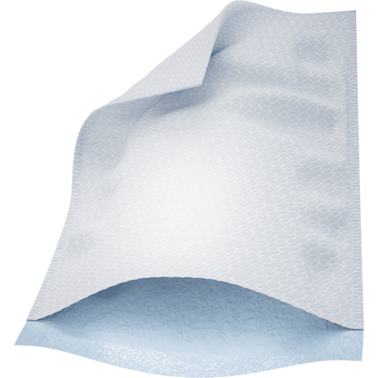 Zbliżenie na myjkę Abena Re-Seller GmbH (16x23 cm, Airlaid/PE, biały, 50 sztuk) pokazuje strukturalną białą górną stronę z Airlaid/PE i niebieską wodoodporną dolną stronę, z podniesionym rogiem, aby uwidocznić dolną stronę.