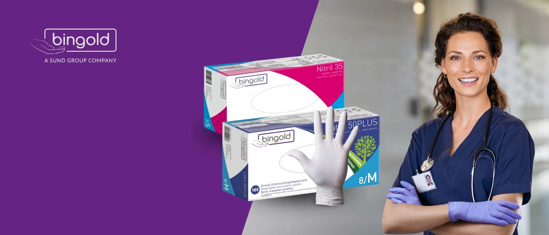 Werbebild der Marke ‘bingold’ (A SUND Group Company) auf violettem Hintergrund: Zwei Verpackungen von Einmalhandschuhen (Nitril 35 und Latex 50PLUS, Größe M) sind zentral abgebildet, davor eine erhobene Hand mit Handschuh. Rechts steht eine lächelnde medizinische Fachkraft in blauer Arbeitskleidung mit Stethoskop und trägt ebenfalls Handschuhe.