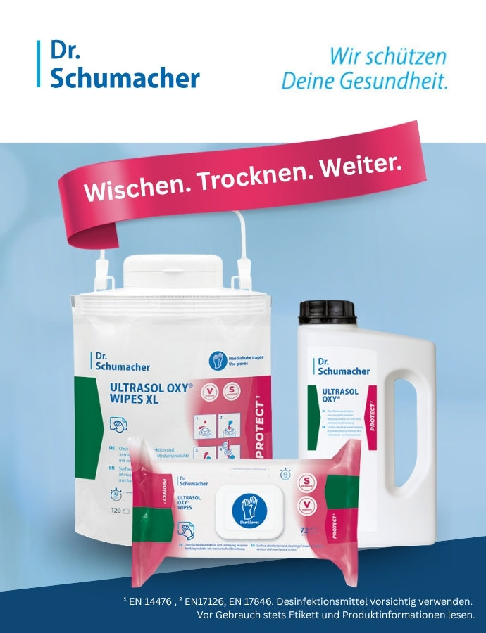 Dr. Schumacher ULTRASOL OXY Desinfektionsprodukte mit Wipes XL, Wipes und Flächenreinigungslösung vor hellblauem Hintergrund.
