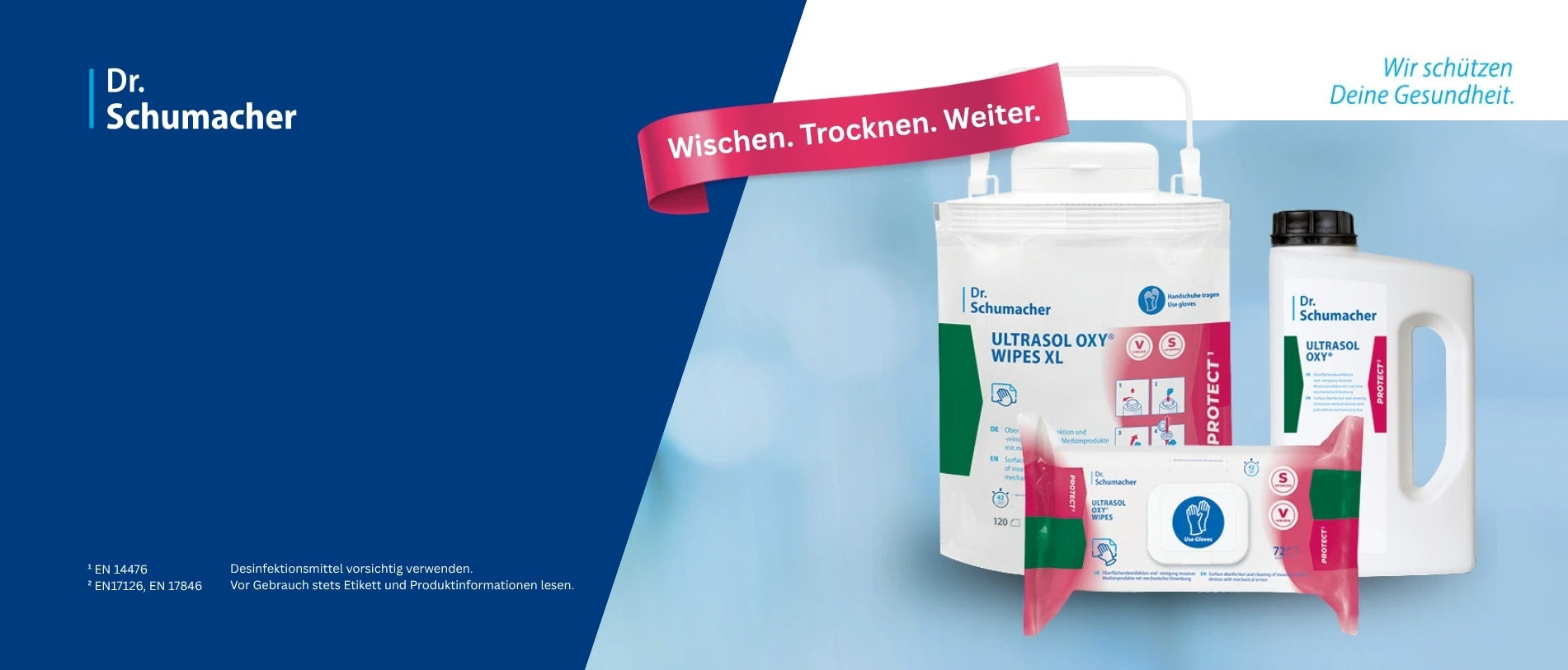 Dr. Schumacher ULTRASOL OXY Desinfektionsprodukte mit Wipes XL, Wipes und Flächenreinigungslösung vor hellblauem Hintergrund.