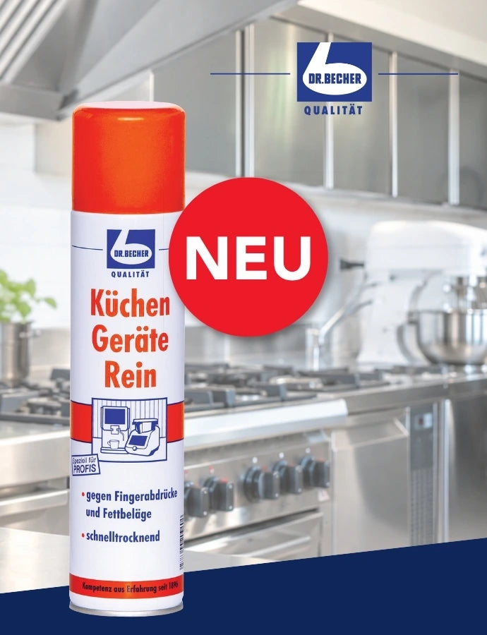 Dr. Becher Küchen Geräte Rein Spraydose vor einer modernen Edelstahl-Großküche, mit rotem „NEU“-Hinweis und Dr.-Becher-Logo.