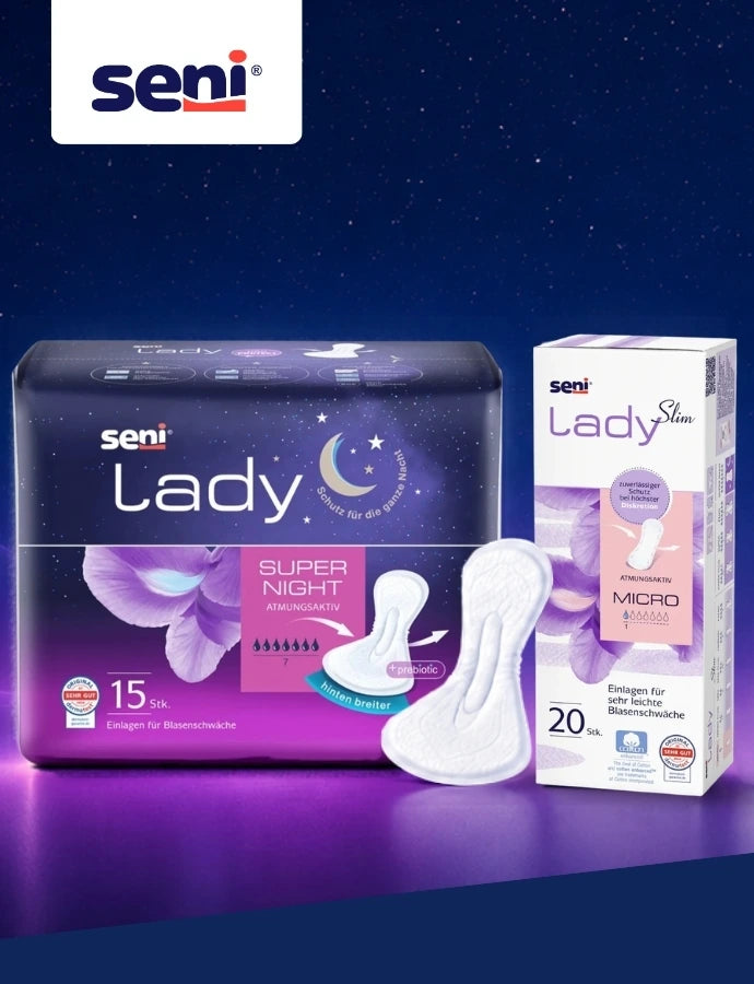 Seni Lady Produktbanner mit verschiedenen Inkontinenzeinlagen in mehreren Saugstärken vor dunkelblau-violettem Hintergrund.