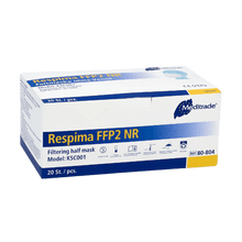 Przedstawione jest pudełko masek ochronnych Meditrade Respima FFP2 na prostym tle. Białe pudełko z niebieskimi detalami pokazuje, że zawiera 100 sztuk i w prawym górnym rogu wyraźnie nosi nazwę marki Meditrade GmbH, znanej z osobistego wyposażenia ochronnego.