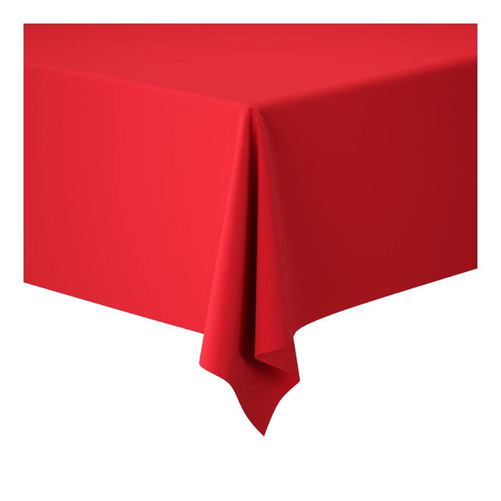 Eine Nahaufnahme einer rechteckigen Tischecke, die mit einer leuchtend roten Dunicel-Tischdeckenrollen 1,18 m x 10 m großen Tischdecke der Duni GmbH drapiert ist, wobei eine spitze Ecke herunterhängt. Perfekt für Hochzeiten, Bankette oder Firmenveranstaltungen. Einfacher weißer Hintergrund.