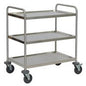 Wózek wielofunkcyjny Novocal ze stali nierdzewnej z 3 półkami, 2 uchwytami do pchania, 4 kółkami łatwo toczącymi się i 4 zderzakami idealnie nadaje się do transportu w biurze, kuchni lub szpitalu. Opakowanie: 1 sztuka.