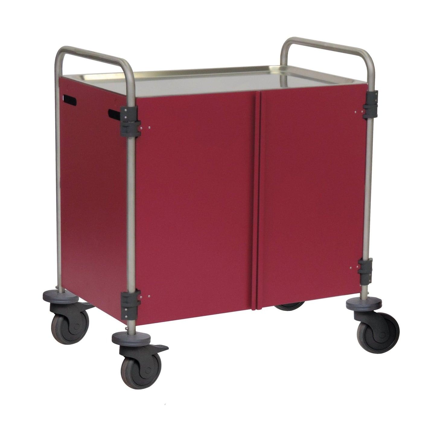 Prostokątny wózek wielofunkcyjny Novocal, stal nierdzewna, 3-stronny, z przednimi drzwiami skrzydłowymi i metalowymi uchwytami po każdej stronie, wyposażony w cztery obrotowe koła kierunkowe. Opakowanie: 1 sztuka.