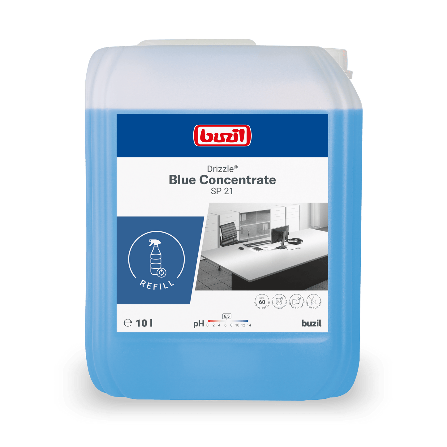 Dziesięciolitrowy kanister niebieskiego uniwersalnego środka czyszczącego Drizzle® Blue Concentrate od BUZIL-WERK Wagner GmbH & Co. KG, z niebieską etykietą, symbolem do napełniania, symbolem pH 7 i wskazówkami bezpieczeństwa na opakowaniu.