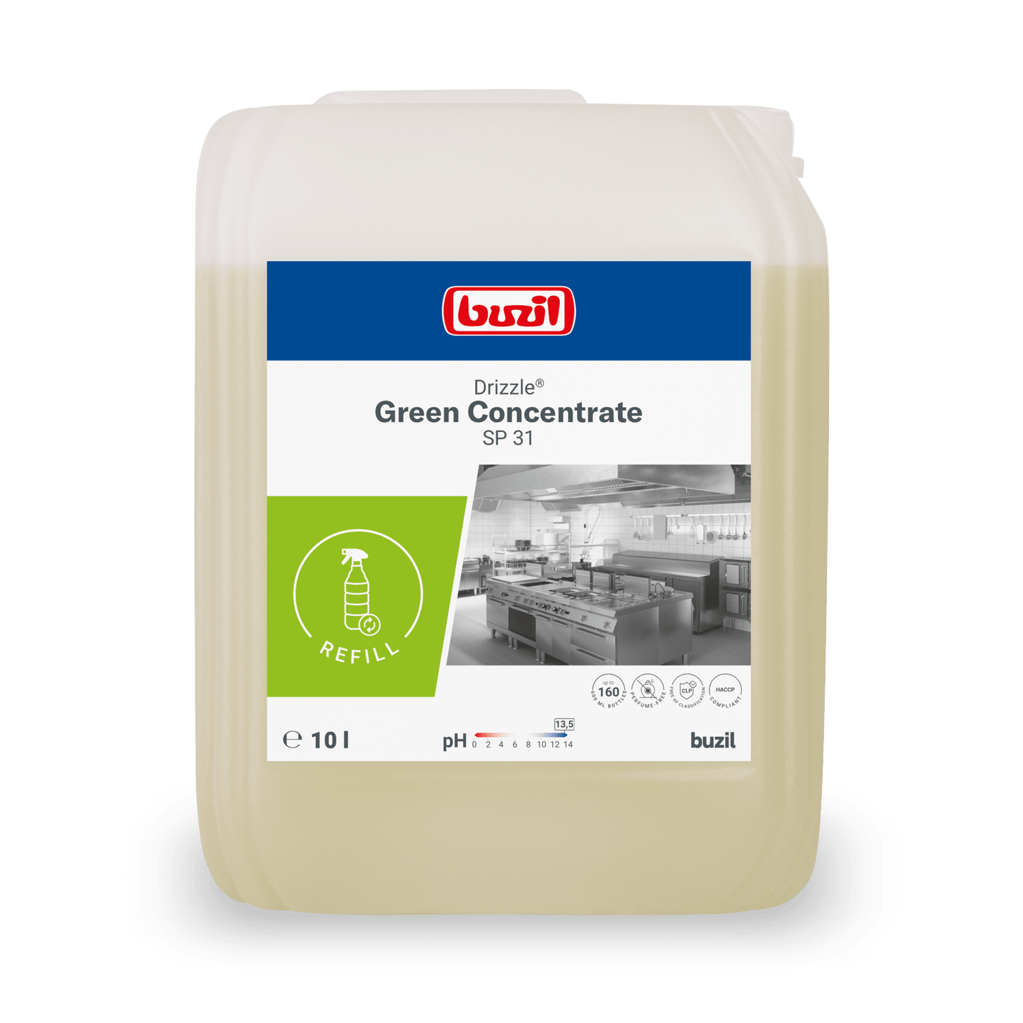 Dziesięciolitrowy kanister BUZIL-WERK Drizzle® Green Concentrate odtłuszczacz do oleju i tłuszczu bezbarwny-jasnożółty, z etykietą zawierającą informacje o produkcie, symbolem uzupełniania i monochromatycznym obrazem kuchni przemysłowej.