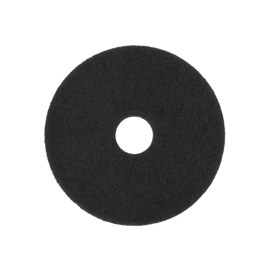 Arcora SUPERPAD CZARNY firmy Arcora International GmbH to czarna, okrągła podkładka czyszcząca z otworem pośrodku do efektywnego czyszczenia podłóg, przedstawiona na białym tle.