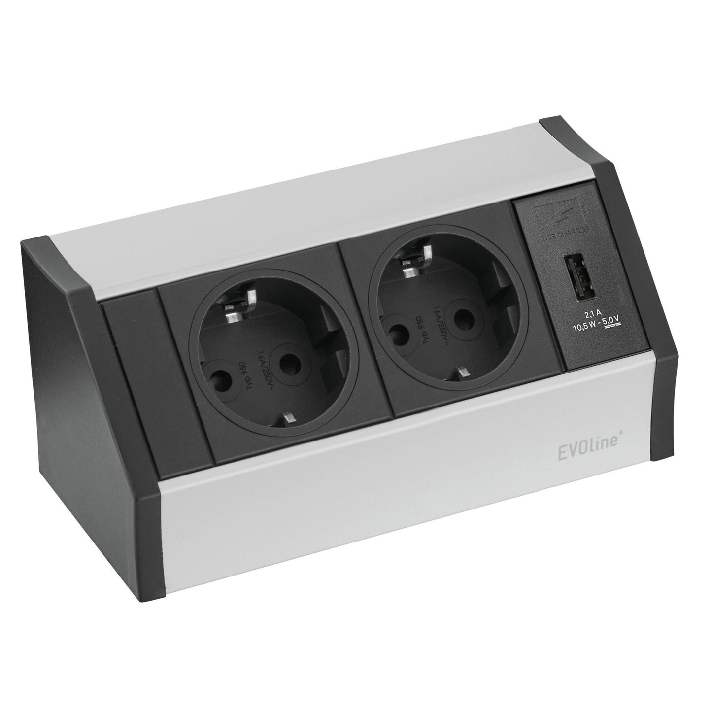 Novocal Smart Power Outlet Allrounder posiada dwa uziemione gniazdka europejskie, port ładowania USB oraz srebrno-czarny design z napisem "EVOline" na prawym dolnym rogu przedniej strony. W zestawie kabel H05; 1 sztuka na opakowanie.