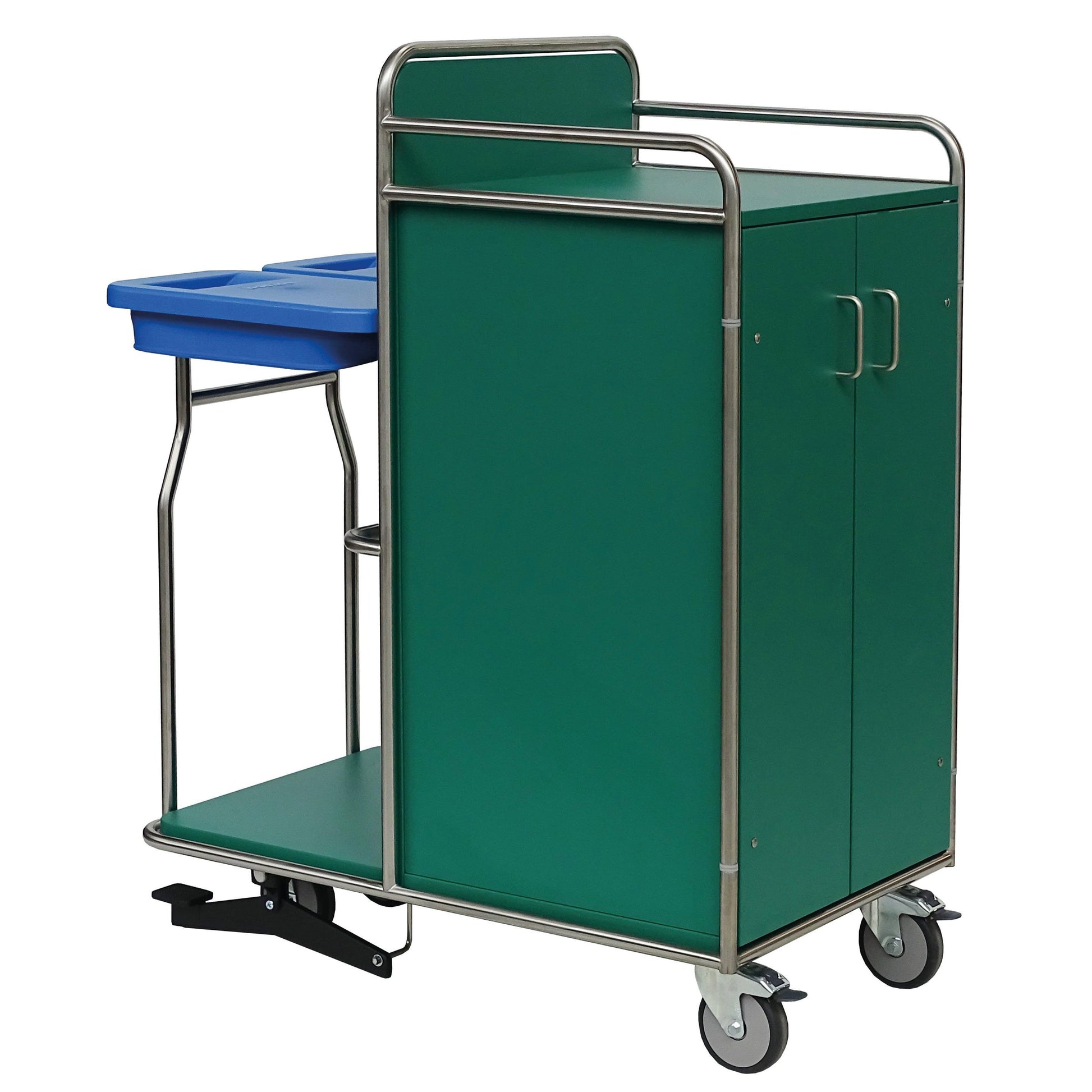 Ein Novocal Stationswagen Rahmen-Reinigungswagen aus rostfreiem Stahl, mit vollverschweißten Rohrverbindungen, zwei blauen Wannen, robusten Metallgriffen, doppeltürigem Schrank und vier Rädern (zwei davon mit Bremsen).