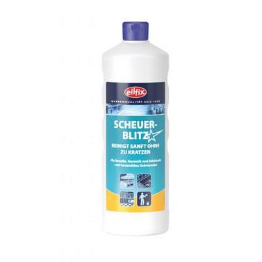Eine weiße 1-Liter-Kunststoffflasche Becker eilfix Scheuerblitz der Stern Waschmittel GmbH mit blau-gelbem Etikett, lila Verschluss und deutscher Produktinformation für die schonende, kratzfreie Reinigung von Bad und Küche.