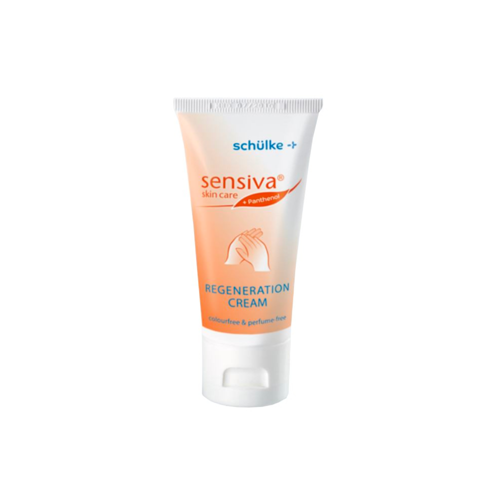 Abgebildet ist eine 50 ml Flasche „Schülke Sensiva® Regenerationscreme“ der Schülke & Mayr GmbH. Das Design mit weißer Grundfarbe und orangefarbenem Farbverlauf sowie Handgrafik unterstreicht die dermatologisch getestete, farbstoff- und parfümfreie Rezeptur, die für intensive Feuchtigkeitsversorgung der Haut sorgt.