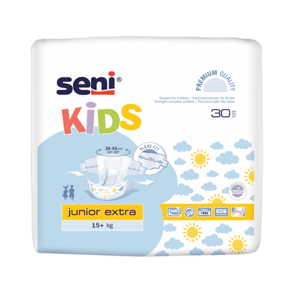 Pieluchomajtki Seni Kids Junior Extra firmy TZMO Deutschland GmbH dla dzieci od 15 kg są dostarczane w kolorowym opakowaniu z grafiką słońca i chmur oraz symbolem Extra Dry System i zawierają 30 sztuk.