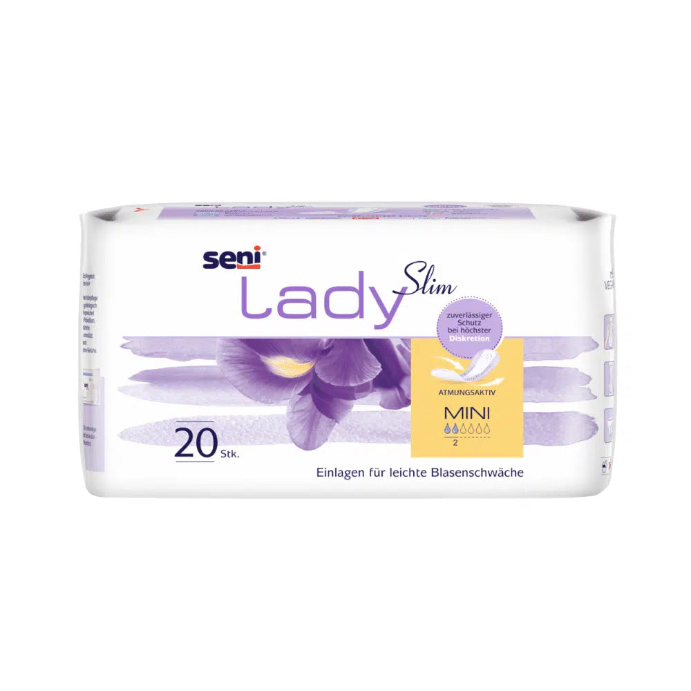 Opakowanie 20 Seni Lady Slim Mini a20 od TZMO Deutschland GmbH z fioletowym wzorem irysa i niemieckim tekstem oferuje lekką ochronę przy nietrzymaniu moczu z systemem Extra Dry dla oddychalności i chłonności.