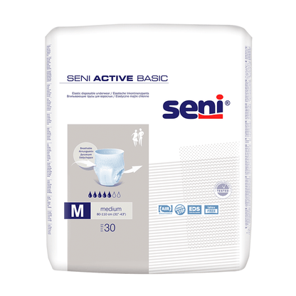 Opakowanie 30 sztuk majtek Seni Active Basic na nietrzymanie moczu w rozmiarach M-XL firmy TZMO Deutschland GmbH. Przeważnie białe opakowanie zawiera niebieski i szary tekst, obraz pieluchy i informacje o produkcie. Odpowiednie dla obwodów talii od 60 do 110 cm.