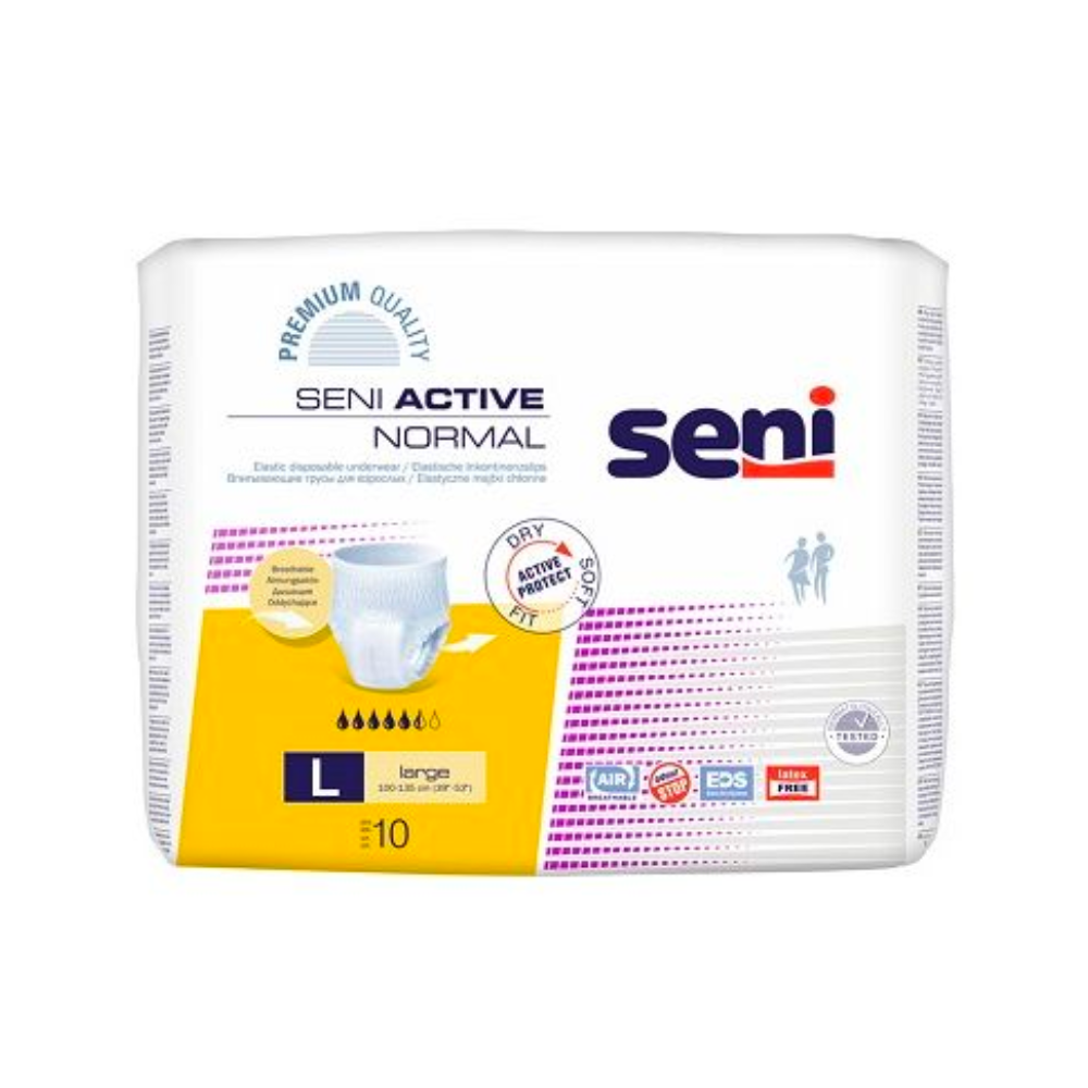 Seni Active Normal Inkontinenzpants od TZMO Deutschland GmbH: rozmiar dla dorosłych Large, pojemność 1700 ml. Idealne przy osłabieniu pęcherza, opakowanie pokazuje informacje o produkcie, diagram i podkreśla wskaźnik wilgotności.