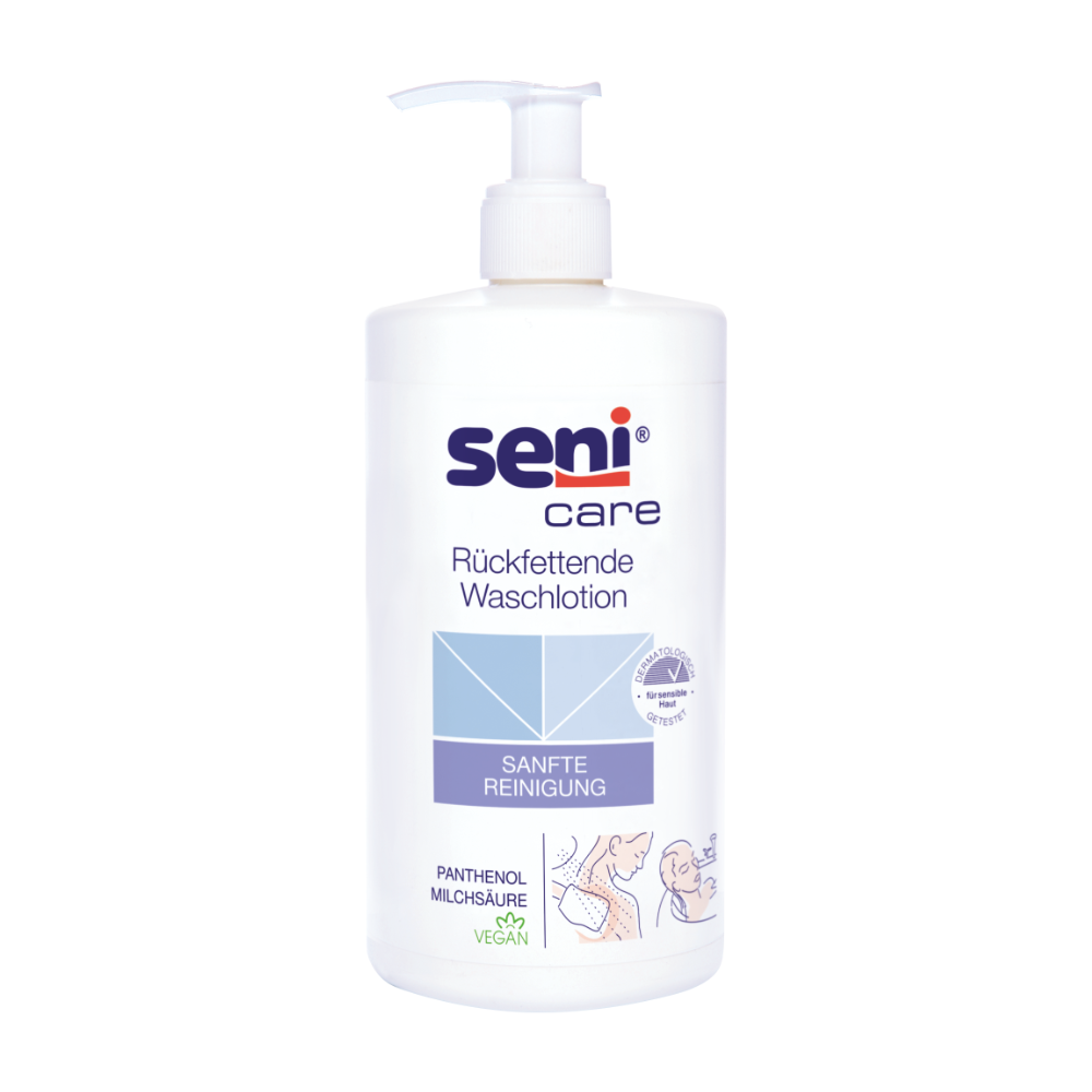 Seni Care nawilżający lotion myjący od TZMO Deutschland GmbH to 500 ml biała butelka z pompką z niebiesko-fioletowym napisem, która podkreśla jej delikatne, nawilżające właściwości myjące. Charakteryzuje się wegańską formułą, bardziej przyjaznym dla skóry pH i obrazkami myjącej się osoby.