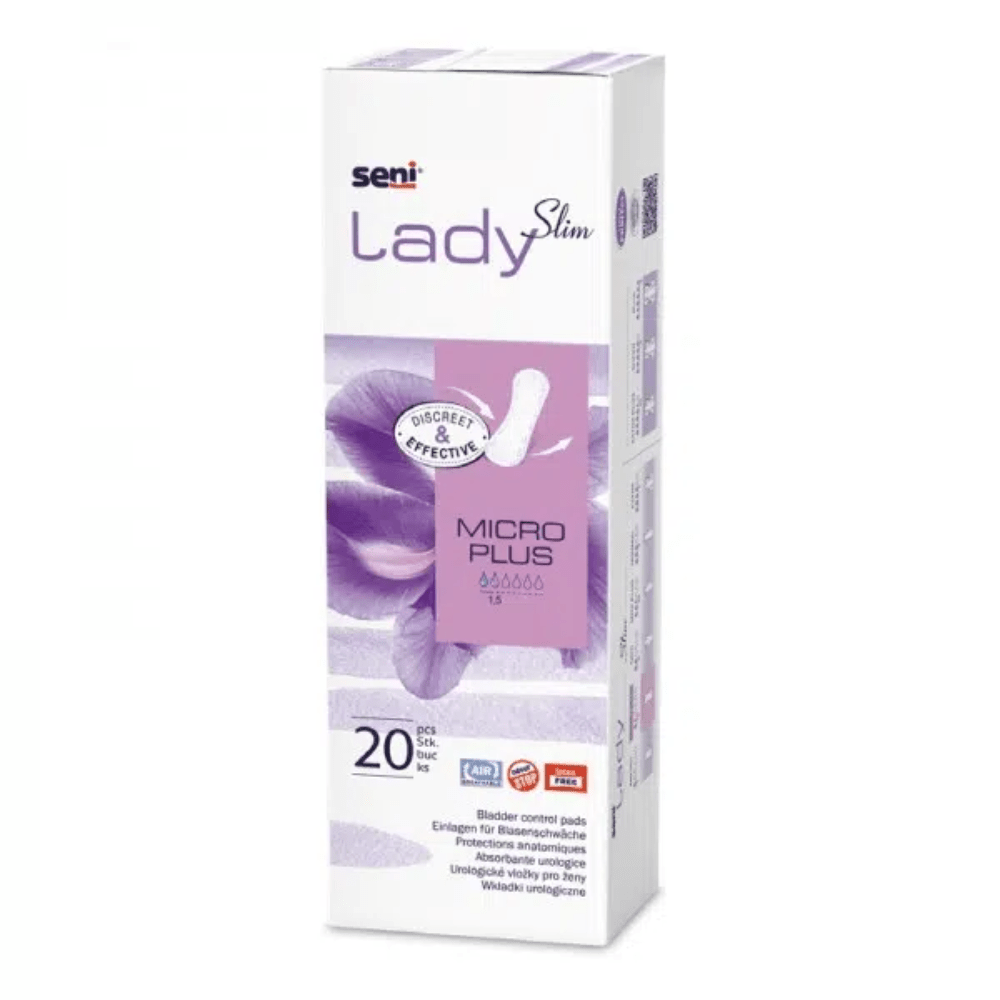 Prostokątne pudełko Seni Lady Slim Micro Plus Wkładki od TZMO Deutschland GmbH w kolorze fioletowym i białym zawiera 20 wkładek i podkreśla najważniejsze funkcje – idealne dla nietrzymania moczu w kroplach.