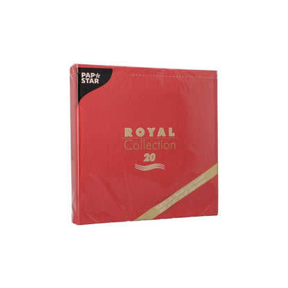 Eine rote Packung Servietten 1/4-Falz 40 cm x 40 cm der PAPSTAR GmbH "ROYAL Collection". Die Verpackung weist einen gold-weißen Text sowie ein kleines schwarzes Ecketikett auf. Diese Servietten sind ideal für jede Tischdekoration und verleihen Ihrem Ambiente Eleganz.