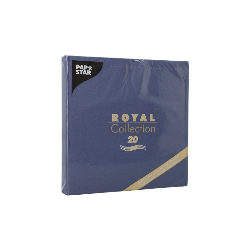 Die 20 Servietten "ROYAL Collection" der PAPSTAR GmbH im Format 40x40 cm, 1/4-Falz, kommen in blauer Verpackung mit gold-weißer Schrift und diagonalem Goldstreifen daher - ideal für eine stilvolle Tischdekoration.
