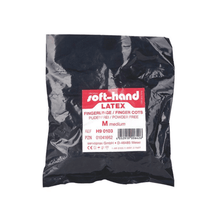 Opakowanie z napisem „Soft-Hand Latexfingerlinge, Größe 3 – 100 Stück“ firmy Servoprax GmbH zawiera średniej wielkości, niesterylne osłonki na palce. Opakowanie jest czarne z czerwono-białą etykietą i jest bezpudrowe.