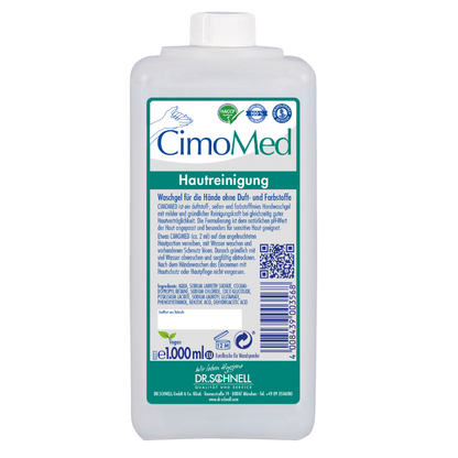 Biała plastikowa butelka 1000 ml Dr. Schnell CIMOMED żel do mycia rąk, bez zapachu i barwników, do oczyszczania skóry od DR.SCHNELL GmbH & Co. KGaA, idealna dla wrażliwej skóry z niebiesko/zieloną etykietą, kodem QR, certyfikatami i niemiecką instrukcją.
