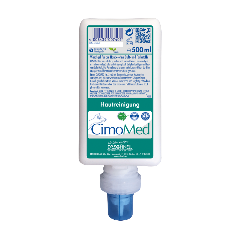 Butelka 500 ml Dr. Schnell CIMOMED żel do mycia rąk od DR.SCHNELL GmbH & Co. KGaA, bez zapachu i barwników do oczyszczania skóry, z białym, niemieckim logo i niebieskim dozownikiem - idealna dla wrażliwej skóry.