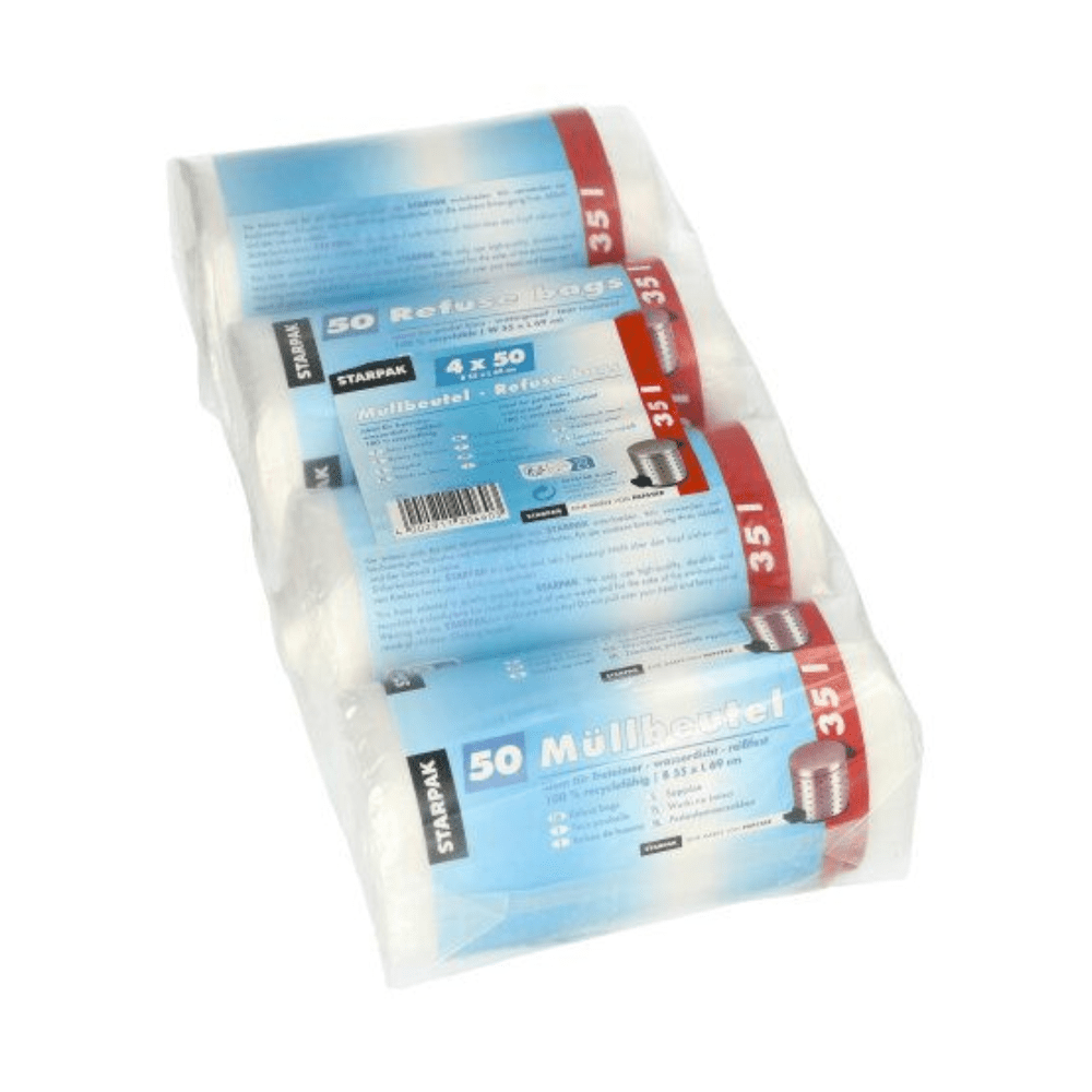 Produkt składa się z czterech rolek z workami na śmieci o pojemności 35 litrów, które są zapakowane w przezroczystą plastikową osłonę. Etykieta na każdej rolce zawiera tekst „Starpak” i „50 worków na śmieci”, co wskazuje, że są przeznaczone do użytku domowego.