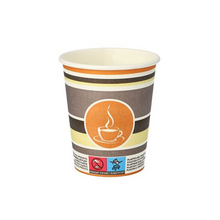 Der Starpak Pappbecher "To Go" 0,2 l Ø 8 cm · 9,2 cm hat ein braunes, gelbes und oranges Design mit einem zentralen Dampfbecher-Symbol und Entsorgungshinweisen am unteren Rand. Dieser Einweg-Kaffeebecher aus Pappe ist perfekt für den Genuss Ihres Getränks unterwegs.