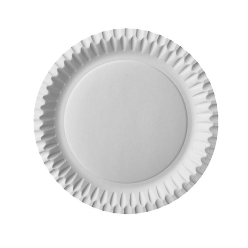 Prosty, okrągły talerz Starpak 100 z papieru (biały), o średnicy 23 cm, z lekko podniesionym, falistym brzegiem, z góry na białym tle.