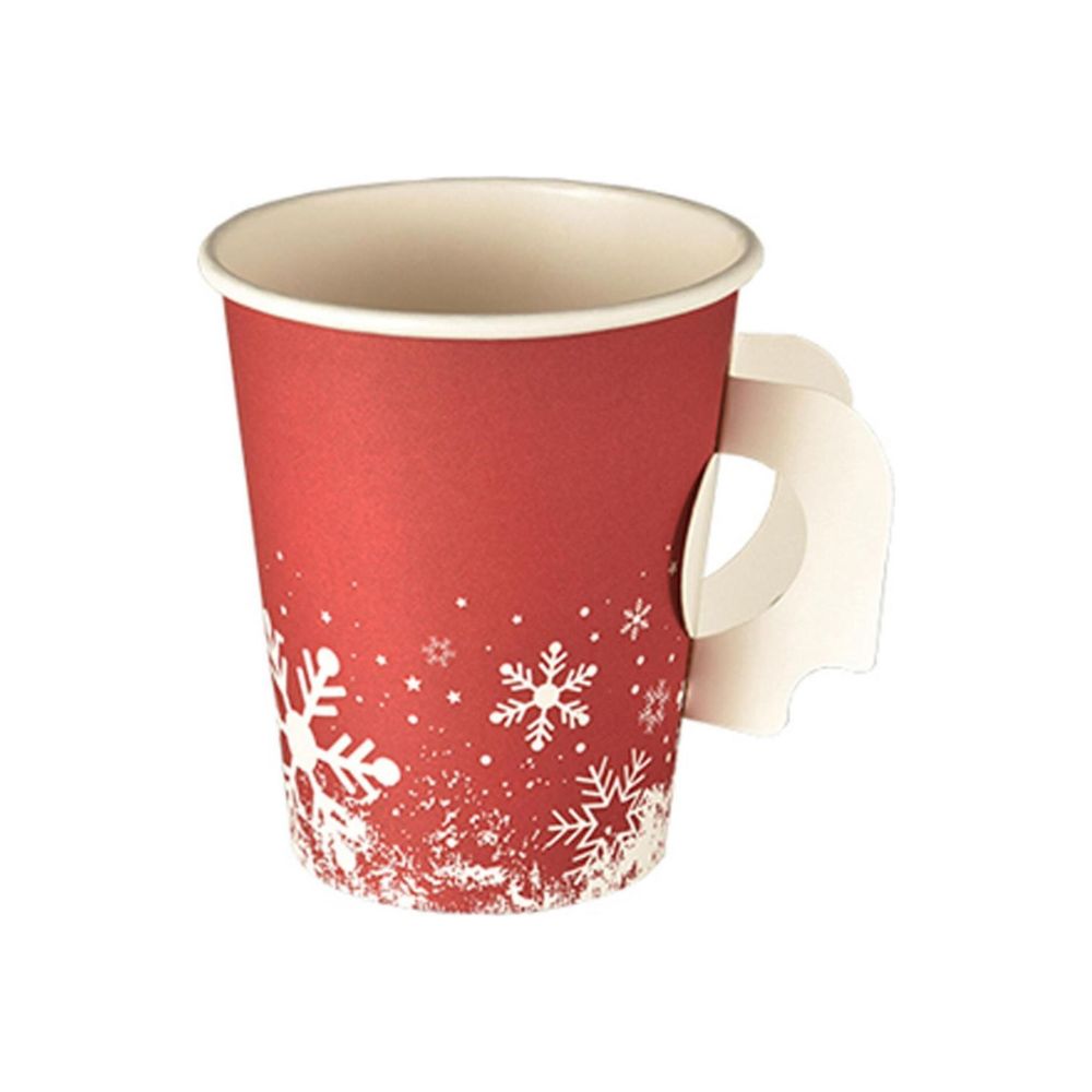 Kubek z uchwytem Starpak „Winter Time“ w kolorze czerwonym z wzorem płatków śniegu jest idealny na gorące napoje. Dostępny w opakowaniu po 50 sztuk.