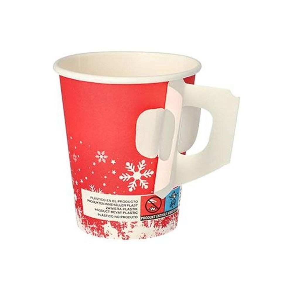Pakiet Starpak 50 kubków z uchwytem „Winter Time“ zawiera czerwone kubki papierowe z białym wzorem płatków śniegu oraz kartonowe osłonki dla łatwej obsługi, idealne na gorące napoje. Zimowy design pokazuje elementy przypominające śnieg, idealne na prostym tle.