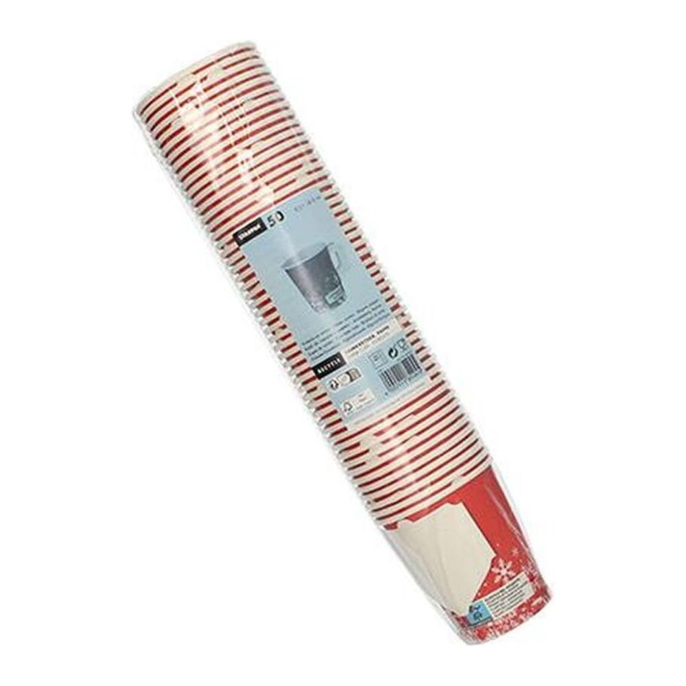 Pakiet Starpak 50 kubków z uchwytem „Winter Time“ zawiera 50 jednorazowych kubków na gorące napoje, które mają biało-czerwony wzór w paski. Są zapakowane w plastikowe opakowanie z etykietą zawierającą szczegóły produktu i zdjęcie kubka.