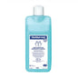 Eine Plastikflasche Sterillium® med Händedesinfektionsmittel der Paul Hartmann AG, hellblau, enthält 1000 ml flüssiges Desinfektionsmittel. Das Etikett ist weiß mit Text und Logo in Blau.