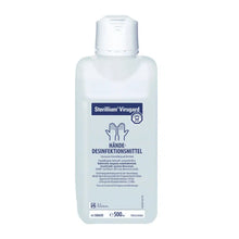 Eine Flasche BODE Sterillium® Virugard Händedesinfektionsmittel mit deutscher Beschriftung, die darauf hinweist, dass es sich um ein bakterizides, fungizides und viruzides Desinfektionsmittel der Paul Hartmann AG handelt.