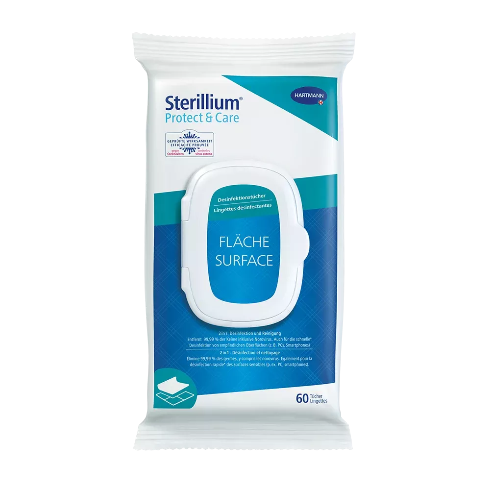 Eine Packung Hartmann Sterillium® Protect & Care Desinfektionstücher für Flächen Softpack. Die weiß-blaue Verpackung enthält 60 Tücher und ist mit dem Logo der Paul Hartmann AG versehen. Der Text auf der Verpackung ist größtenteils auf Deutsch und besagt, dass es sich um eine schnelle Desinfektion empfindlicher Oberflächen handelt.